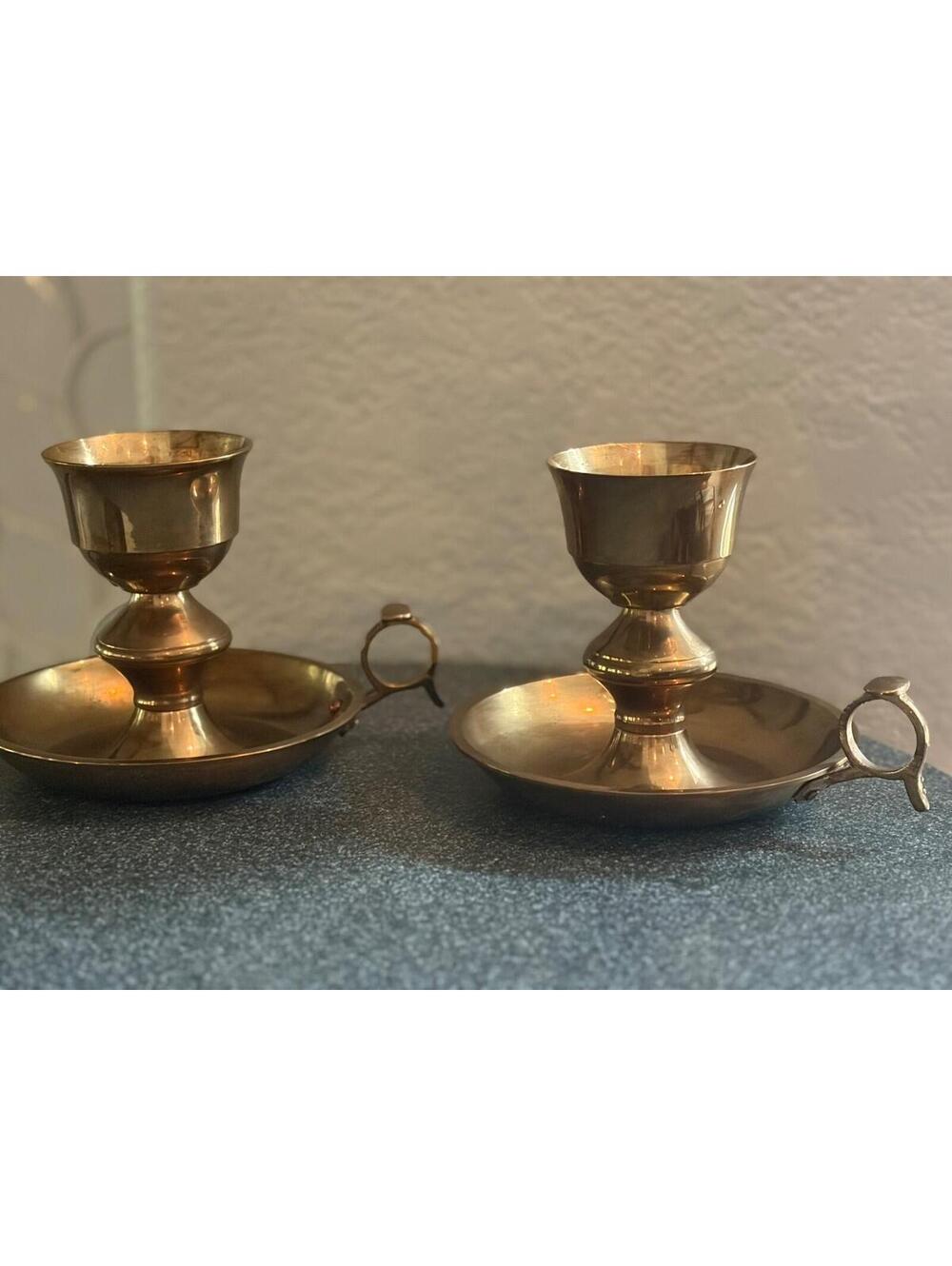 2 VTG  Solid Brass Candle Holders With Drip Plate & Ring Handle 4” Round India